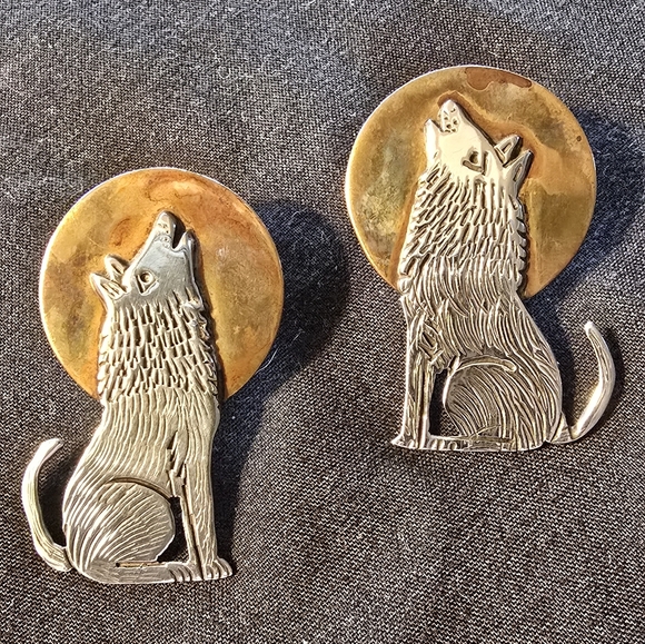 Jewelry - Sterling Silver Coyote Howling At Copper Moon, Vintage, Handmade Pair